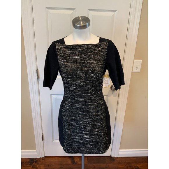 Tibi Black & White Tweed Square Neck Mini Short Sleeve Dress, Size 4 - Picture 1 of 7